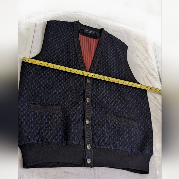 Vintage Wool Navy/Black V-neck Vest, Silky Lined, Buttons, Pockets, L - Picture 5 of 11